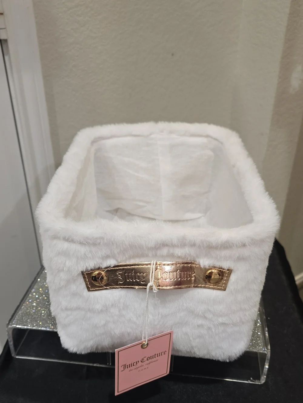 Juicy Couture Home JC Gold Embrodried Logo Faux Fur Decorative Storage Basket